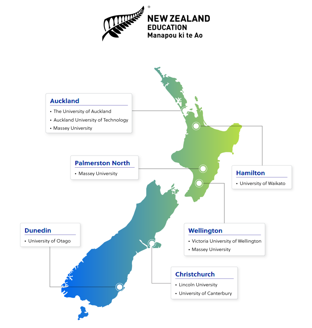 Education New Zealand logo and Map of New Zealand Universities