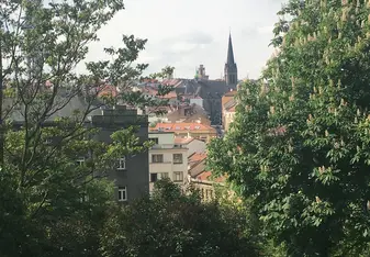 Parukářka, a park surrounded by trees with views of beautiful and historical buildings