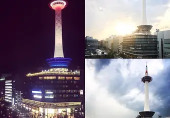 Picture of Kyoto Tower during the day and night. 