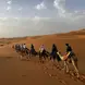  A group of people riding camels in a single file line across a vast desert landscape. The sand dunes stretch out into the distance under a partly cloudy sky, with the warm hues of the sand contrasting against the blue sky. The riders are dressed in a mix of traditional and modern attire, and they appear to be on a guided camel trek. The scene evokes a sense of adventure and exploration, capturing the beauty and tranquility of the desert environment.