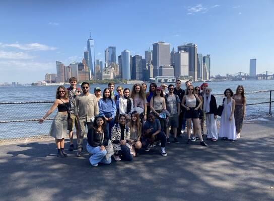 Group of students in front of lower Manhattan
