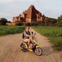 Chase on a scooter in Bagan, Myanmar.