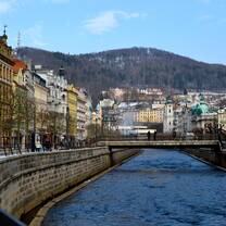 river with bridge in small town