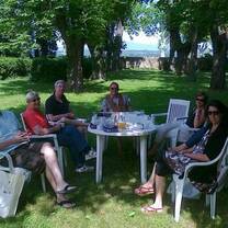 Men and women eating under the tree