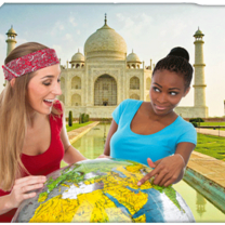 Two girls holding a globe