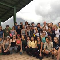 our group after a long day of community service and a hike at a national park with a volcano in the background
