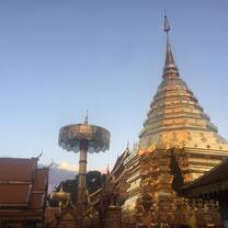 This is a photo of the most popular temple in Chiang Mai, called Wat Doi Suthep. It can only be reached by a somewhat frightening ride up the mountain, but the trip is well worth it. 
