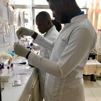 Working with colleagues at the lab
