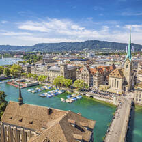 Aerial view of Zürich city center with famous Fraumünster Church and river Limmat at Lake Zurich from Grossmünster Church