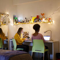 Two students seated at a desk using their laptops