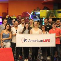 Students and teachers at bowling game