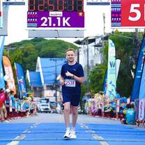 Matthew finishing the Chiang Rai half marathon