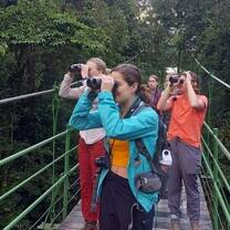 Students on bridge in Monteverde looking through binoculars