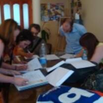 Pouring over books while studying in Argentina