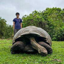 Experimenter poses with Giant Galapagos tortoise