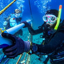 Two scuba divers work underwater, holding a long PVC pipe and cleaning equipment attached to a rope structure. Air bubbles rise around them as they conduct marine fieldwork in clear blue water.