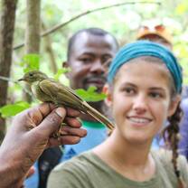 Students studying a bird in the rainforest.