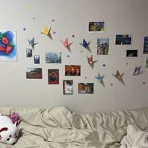 My bed and decorated wall. An example of how you can make your space your own!