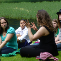 Jane Austen in Bath students have their class in the grounds of Prior Park.