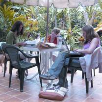 Spanish students study on ICADS' patio between classes. 